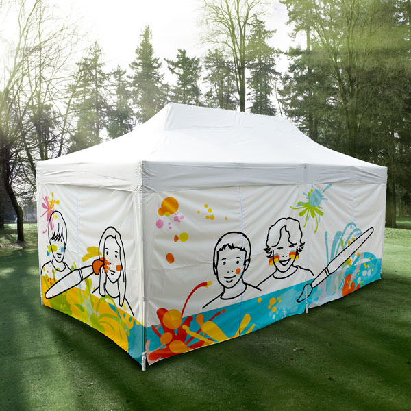 Individuell gestaltetes Event-Zelt mit Illustrationen für eine Kinderschmink-Aktion.