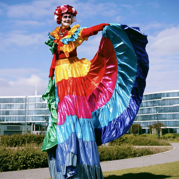 La Catrina Stelzenläufer auf Halloween-Event.