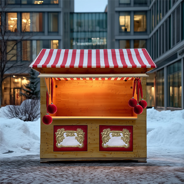 Weihnachts-Marktstand aus Holz mit rotweiß gestreiftem Dach.